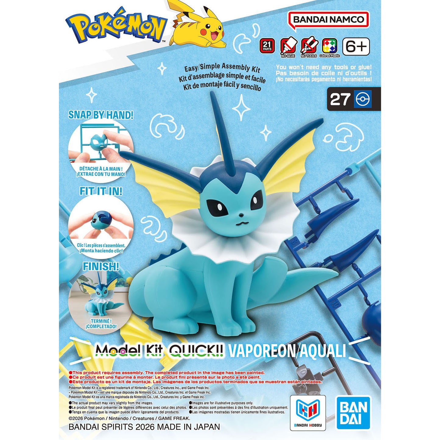 2857776 5073589 Bandai Pokemon Plamo Collection Quick!! 27 Vaporeon Model Kit 4573102735898