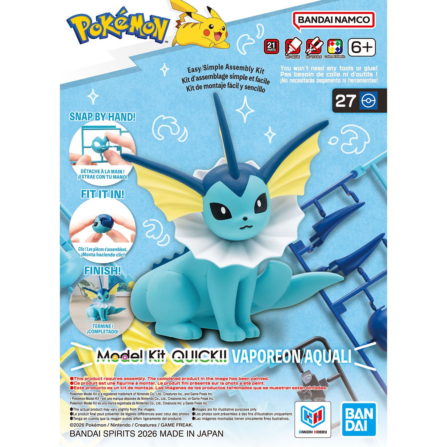 2857776 5073589 Bandai Pokemon Plamo Collection Quick!! 27 Vaporeon Model Kit 4573102735898